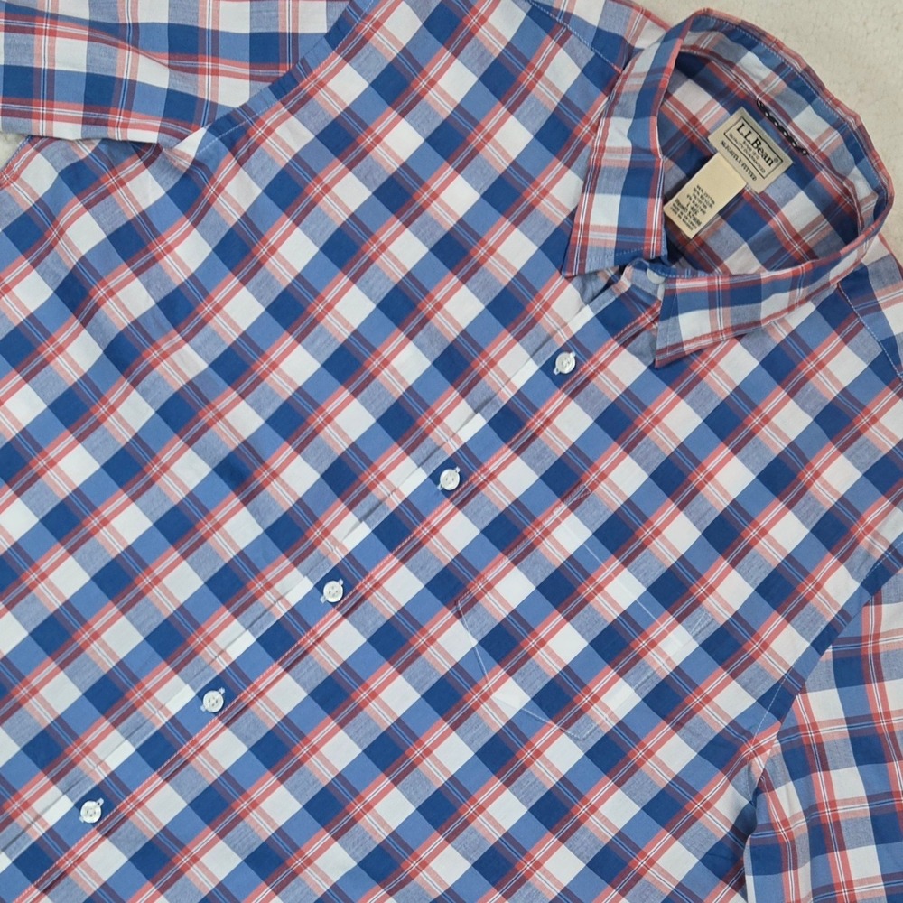L.L.Bean Men L Slightly Fitted Plaid Shirt Stretch Cotton‎ Red Blue Button Up